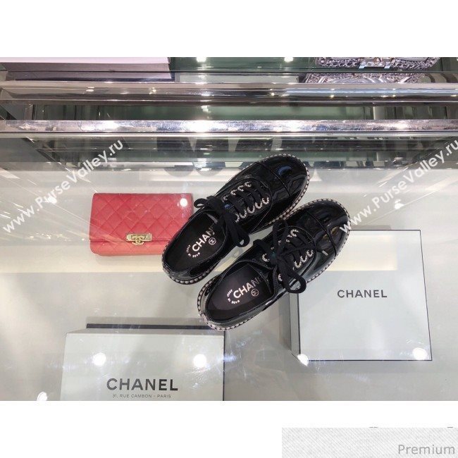 Chanel Patent Calfskin Pearls Lace-ups Sneakers G32357 Black 2019 (XO-9041633)