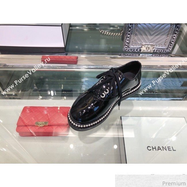 Chanel Patent Calfskin Pearls Lace-ups Sneakers G32357 Black 2019 (XO-9041633)