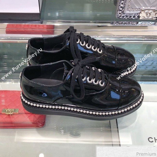 Chanel Patent Calfskin Pearls Lace-ups Sneakers G32357 Black 2019 (XO-9041633)