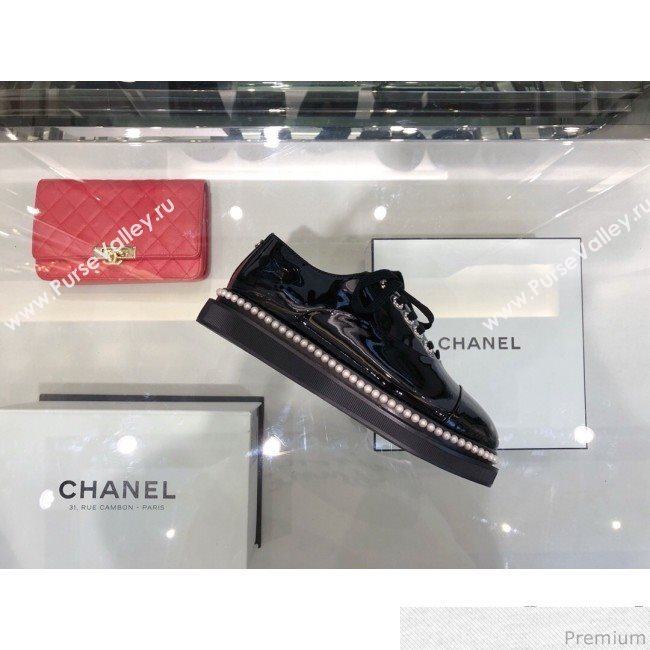 Chanel Patent Calfskin Pearls Lace-ups Sneakers G32357 Black 2019 (XO-9041633)