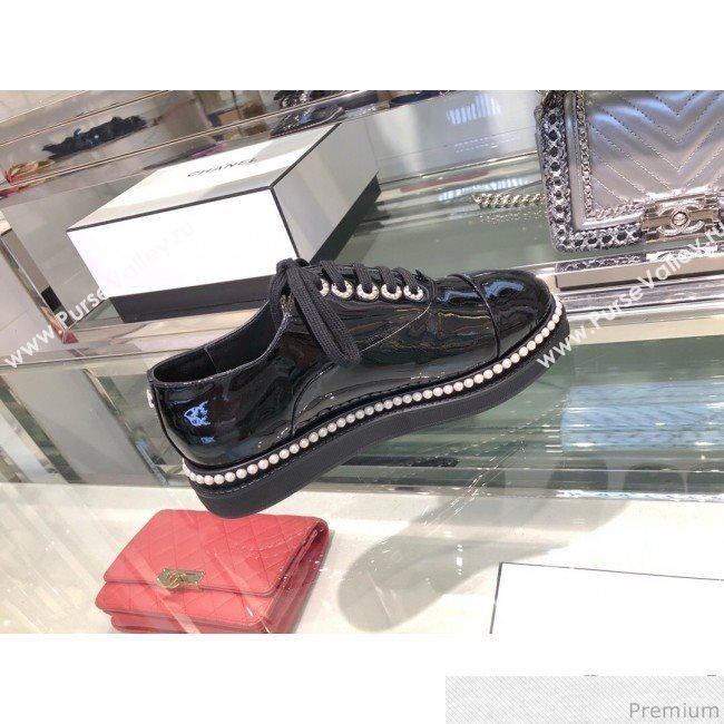 Chanel Patent Calfskin Pearls Lace-ups Sneakers G32357 Black 2019 (XO-9041633)