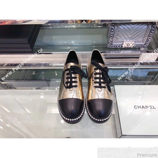 Chanel Metallic Crinkle Pearls Lace-ups Sneakers G32357 Gold 2019 (XO-9041635)
