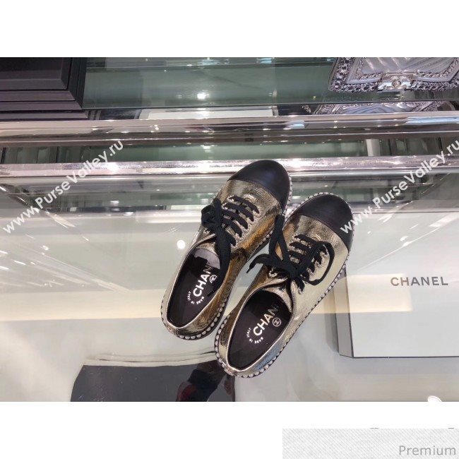 Chanel Metallic Crinkle Pearls Lace-ups Sneakers G32357 Gold 2019 (XO-9041635)