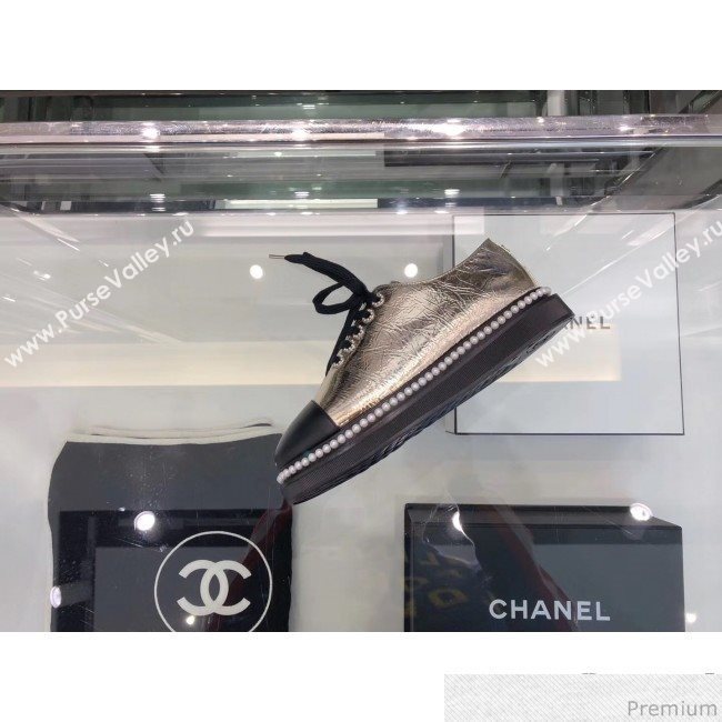Chanel Metallic Crinkle Pearls Lace-ups Sneakers G32357 Gold 2019 (XO-9041635)