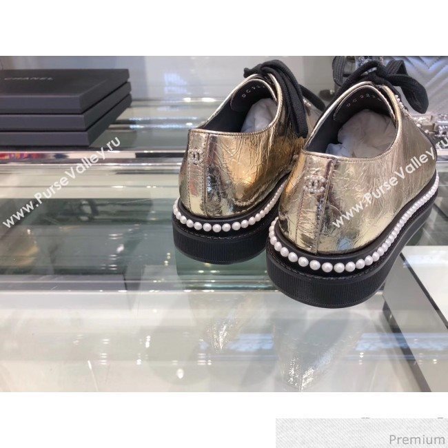 Chanel Metallic Crinkle Pearls Lace-ups Sneakers G32357 Gold 2019 (XO-9041635)