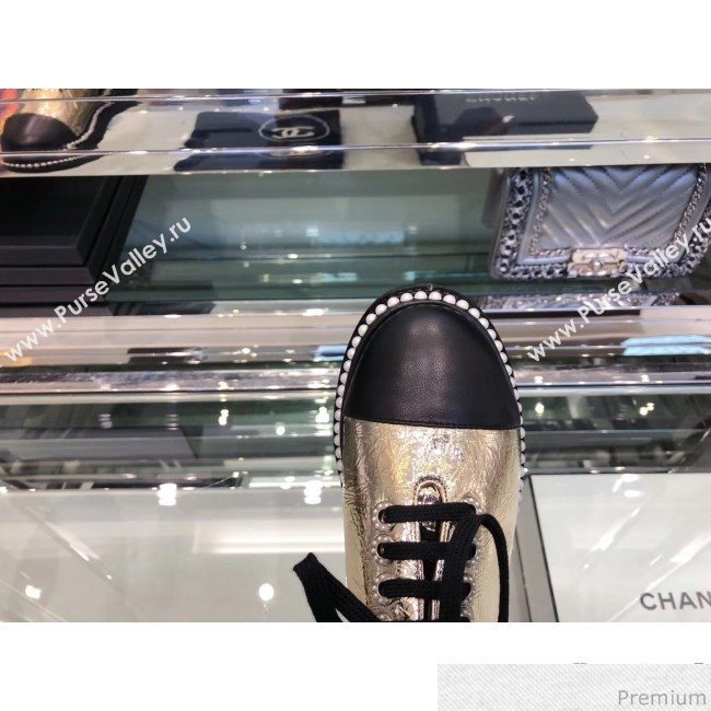 Chanel Metallic Crinkle Pearls Lace-ups Sneakers G32357 Gold 2019 (XO-9041635)