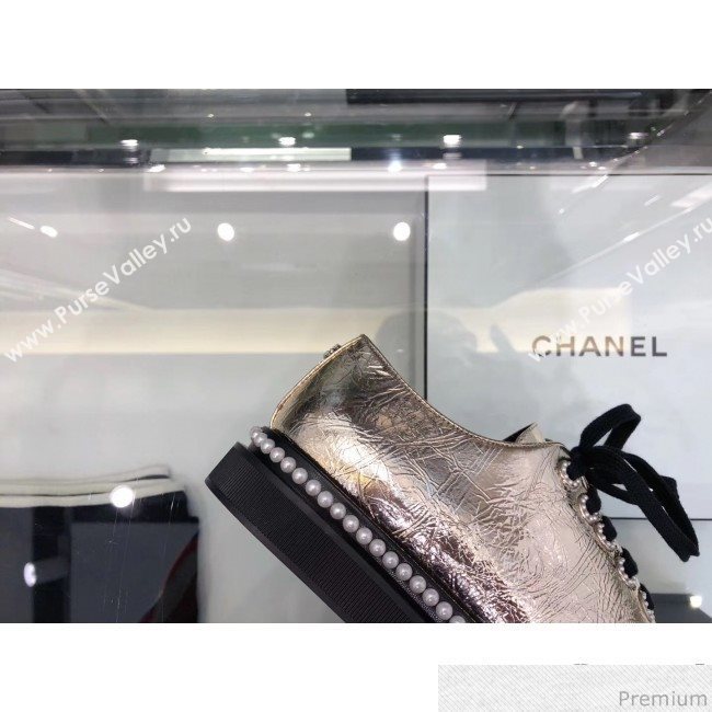 Chanel Metallic Crinkle Pearls Lace-ups Sneakers G32357 Gold 2019 (XO-9041635)