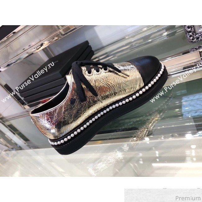 Chanel Metallic Crinkle Pearls Lace-ups Sneakers G32357 Gold 2019 (XO-9041635)