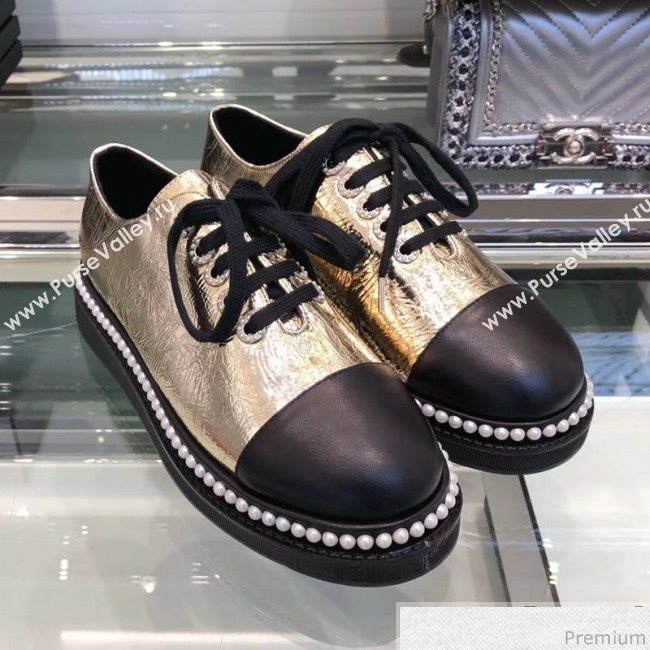 Chanel Metallic Crinkle Pearls Lace-ups Sneakers G32357 Gold 2019 (XO-9041635)