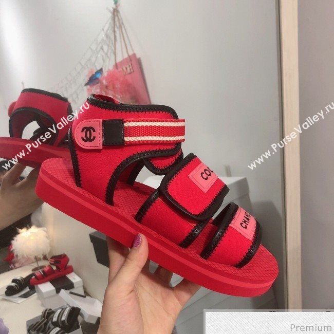 Chanel Flat Fabric Sandals G34727 Red 2019 (HZJ-9041636)