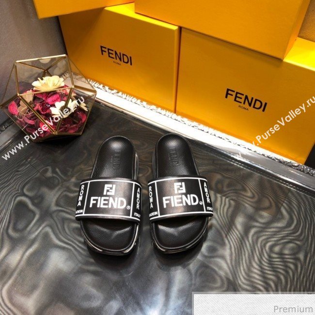 Fendi Calfskin Roma Logo Print Slide Sandals Black 2019 (HZJ-9041640)