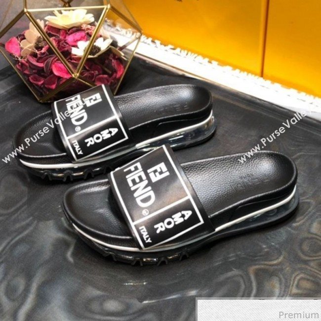 Fendi Calfskin Roma Logo Print Slide Sandals Black 2019 (HZJ-9041640)