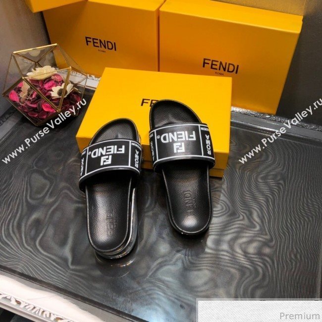 Fendi Calfskin Roma Logo Print Slide Sandals Black 2019 (HZJ-9041640)