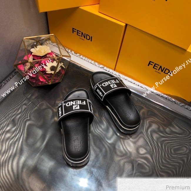 Fendi Calfskin Roma Logo Print Slide Sandals Black 2019 (HZJ-9041640)