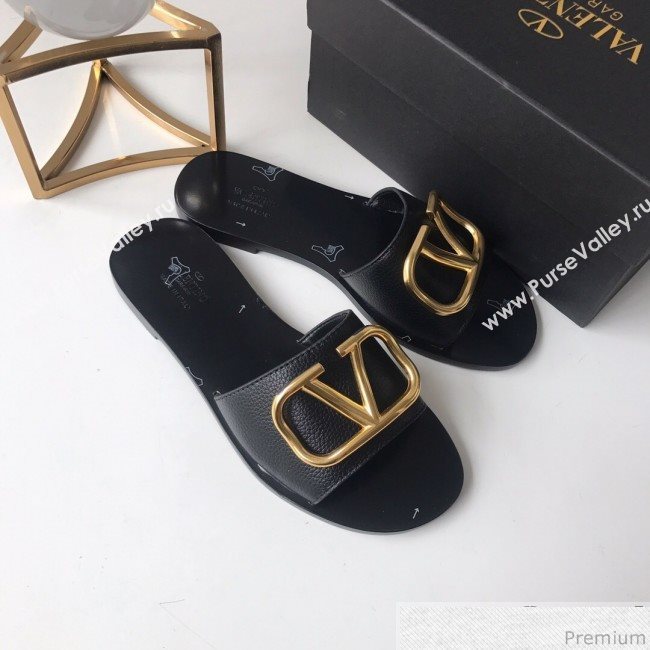 Valentino Go Logo Calfskin Flat Slide Sandals Black 2019 (HZJ-9041644)