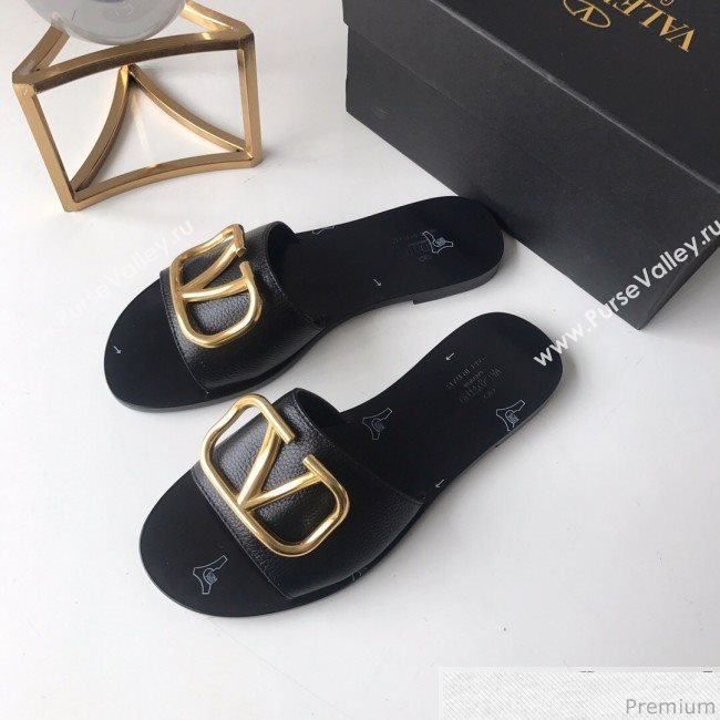 Valentino Go Logo Calfskin Flat Slide Sandals Black 2019 (HZJ-9041644)