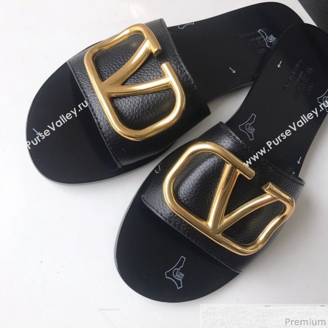 Valentino Go Logo Calfskin Flat Slide Sandals Black 2019 (HZJ-9041644)