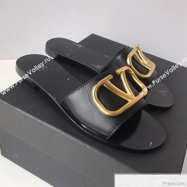 Valentino Go Logo Calfskin Flat Slide Sandals Black 2019 (HZJ-9041644)