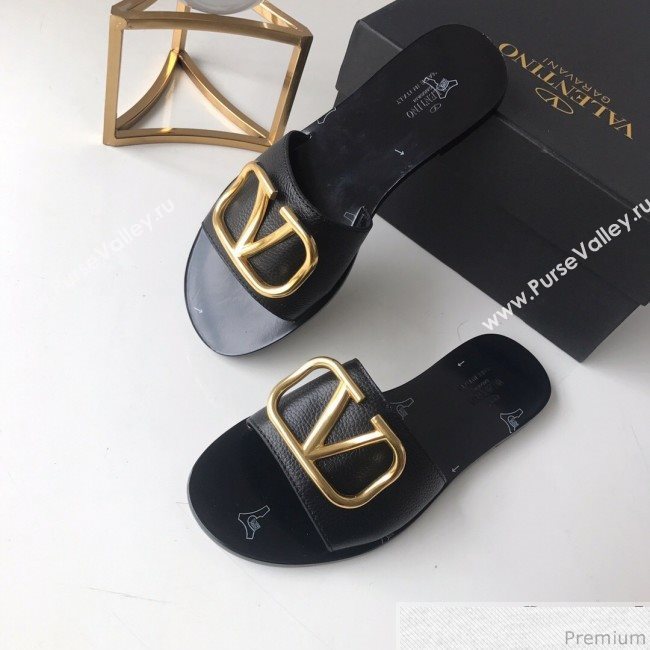 Valentino Go Logo Calfskin Flat Slide Sandals Black 2019 (HZJ-9041644)