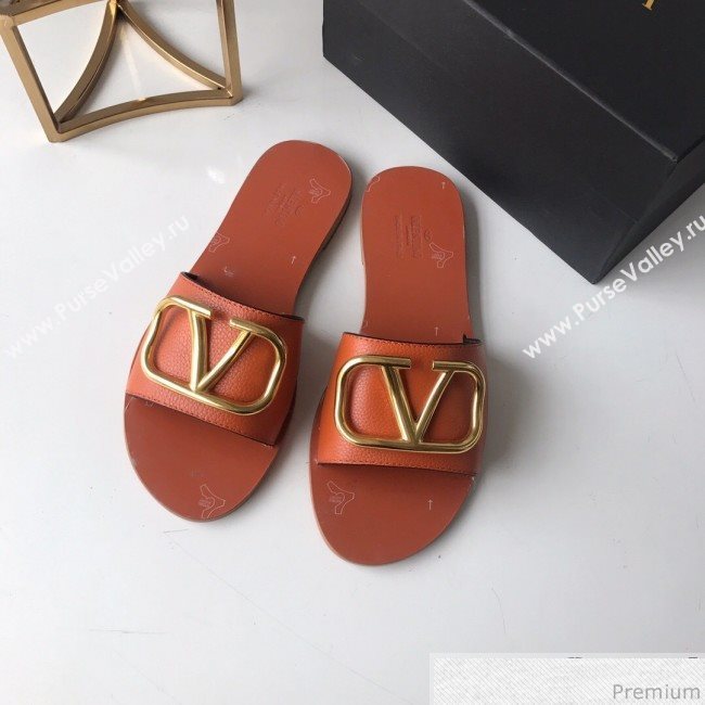 Valentino Go Logo Calfskin Flat Slide Sandals Orange 2019 (HZJ-9041643)