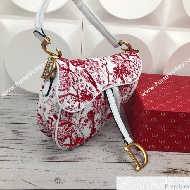 Dior Saddle in Flower Bead Embroidered Bag Red 2019 (XYD-9031523)