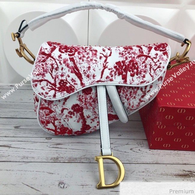 Dior Saddle in Flower Bead Embroidered Bag Red 2019 (XYD-9031523)