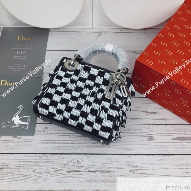 Dior Mini Lady Dior Bag with Beads Tassel Black/White 2018 (XYD-9031526)