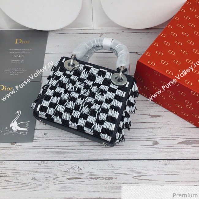 Dior Mini Lady Dior Bag with Beads Tassel Black/White 2018 (XYD-9031526)