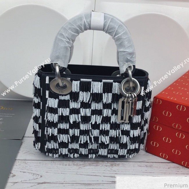 Dior Mini Lady Dior Bag with Beads Tassel Black/White 2018 (XYD-9031526)