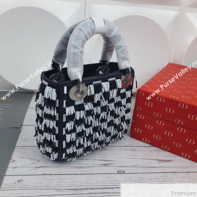 Dior Mini Lady Dior Bag with Beads Tassel Black/White 2018 (XYD-9031526)