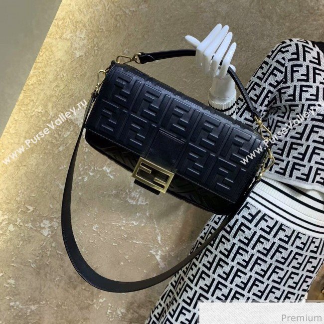 Fendi Baguette Large FF Logo Lambskin Flap Bag Black 2019 (CL-9031535)
