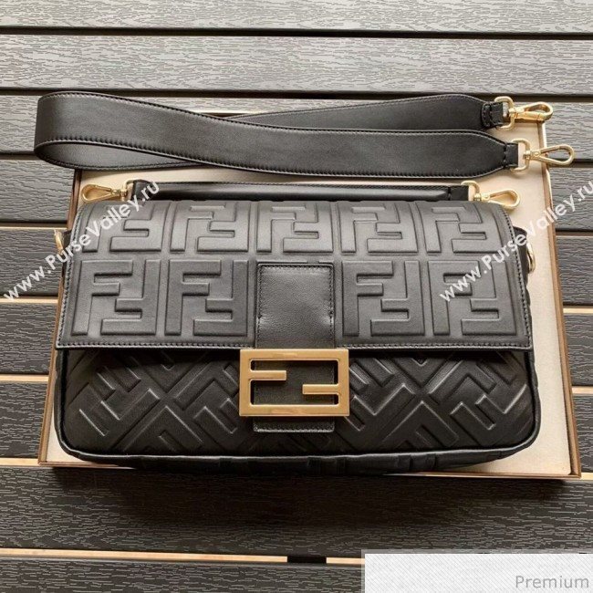 Fendi Baguette Large FF Logo Lambskin Flap Bag Black 2019 (CL-9031535)