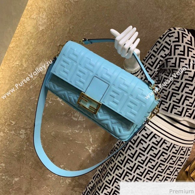 Fendi Baguette Large FF Logo Lambskin Flap Bag Light Blue 2019 (CL-9031536)