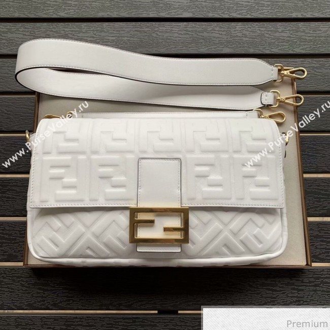 Fendi Baguette Large FF Logo Lambskin Flap Bag White 2019 (CL-9031537)