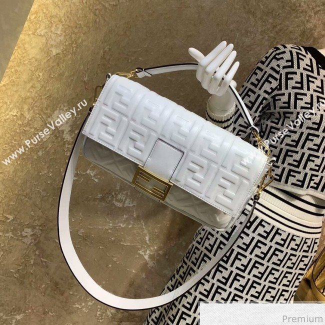 Fendi Baguette Large FF Logo Lambskin Flap Bag White 2019 (CL-9031537)