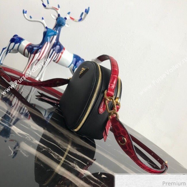 Prada Odette Saffiano Leather and Crocodile Bag 1BH123 Black/Red 2019 (PYZ-9031551)