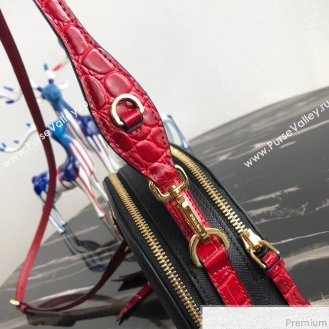 Prada Odette Saffiano Leather and Crocodile Bag 1BH123 Black/Red 2019 (PYZ-9031551)