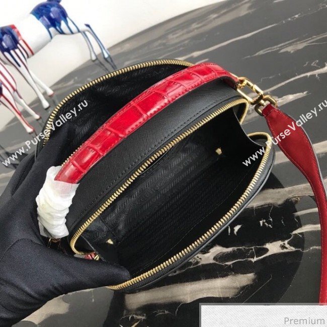 Prada Odette Saffiano Leather and Crocodile Bag 1BH123 Black/Red 2019 (PYZ-9031551)