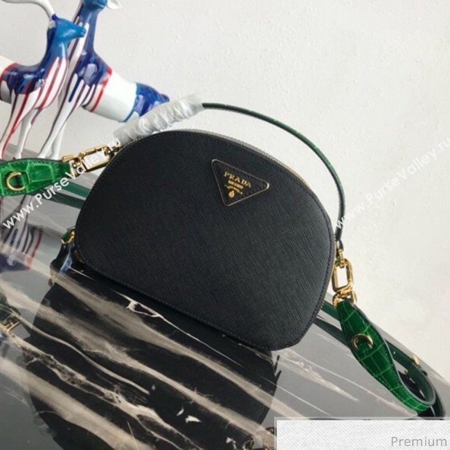 Prada Odette Saffiano Leather and Crocodile Bag 1BH123 Black/Green 2019 (PYZ-9031552)