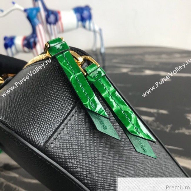 Prada Odette Saffiano Leather and Crocodile Bag 1BH123 Black/Green 2019 (PYZ-9031552)