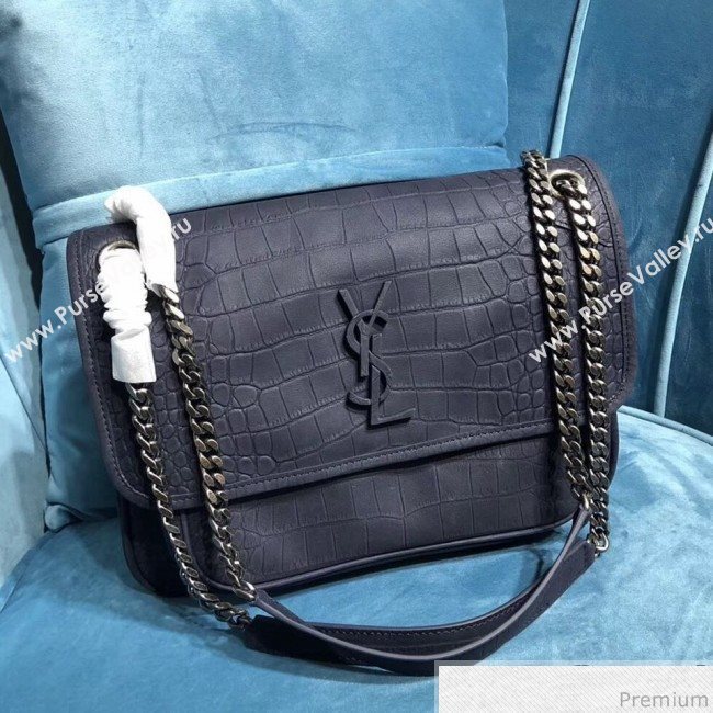 Saint Laurent Medium Niki Chain Bag in Matte Crocodile Leather 533037 Blue 2019 (2A084-9031610)