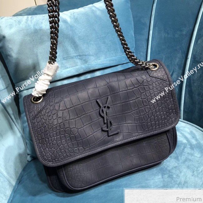 Saint Laurent Medium Niki Chain Bag in Matte Crocodile Leather 533037 Blue 2019 (2A084-9031610)