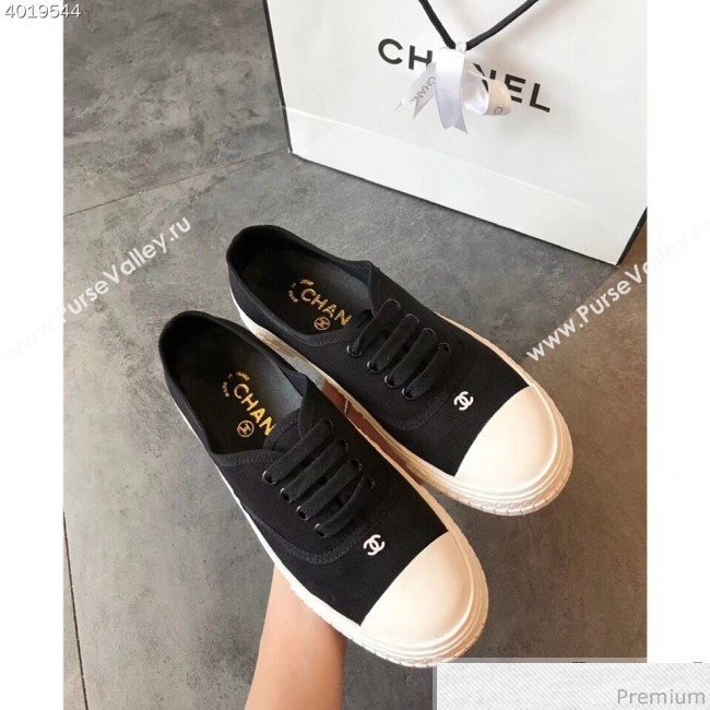 Chanel CC Canvas Lace-up Sneaker Black/White 2019 (EM-9031905)