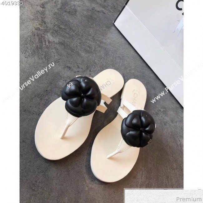 Chanel Flat Thong Sandals with Black Camellia White 2019 (EM-9031907)