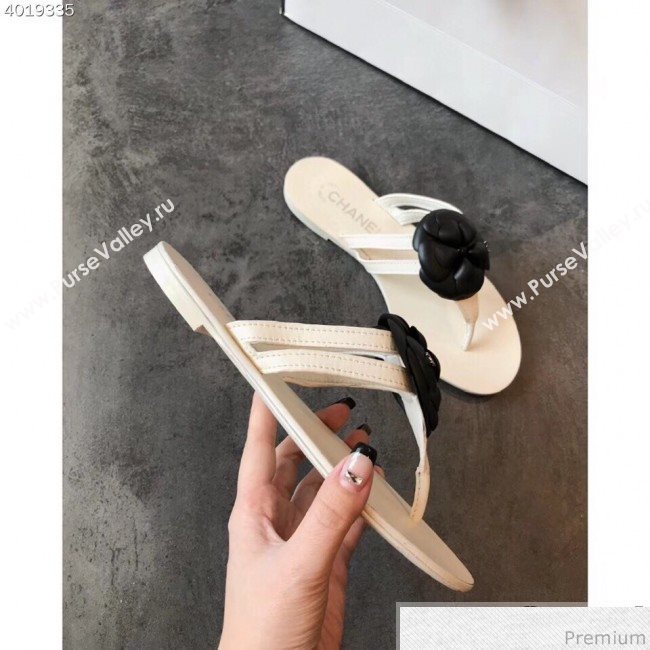 Chanel Flat Thong Sandals with Black Camellia White 2019 (EM-9031907)