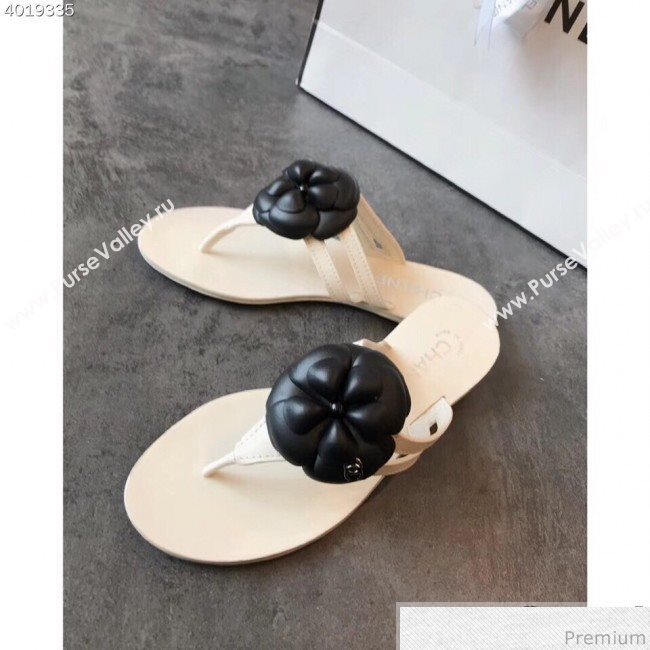 Chanel Flat Thong Sandals with Black Camellia White 2019 (EM-9031907)