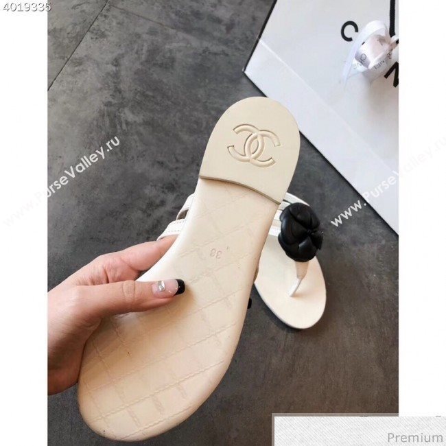 Chanel Flat Thong Sandals with Black Camellia White 2019 (EM-9031907)