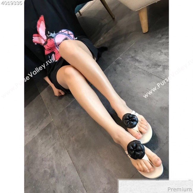 Chanel Flat Thong Sandals with Black Camellia White 2019 (EM-9031907)