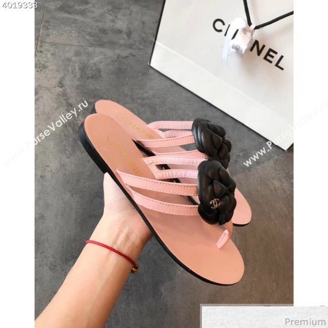 Chanel Flat Thong Sandals with Black Camellia Pink 2019 (EM-9031910)