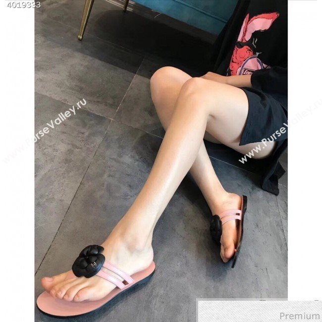 Chanel Flat Thong Sandals with Black Camellia Pink 2019 (EM-9031910)